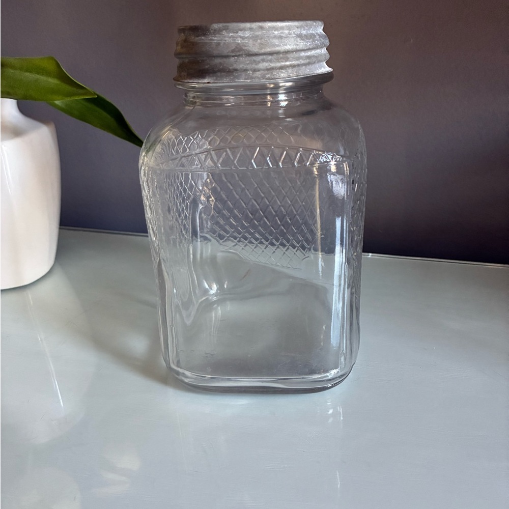 Vintage Square Clear Hoosier Glass Diamond-Pattern Glass Jar & Silver Zinc Lid - Picture 2 of 5
